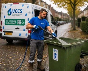 Medewerker van VCCS maakt een afvalcontainer schoon